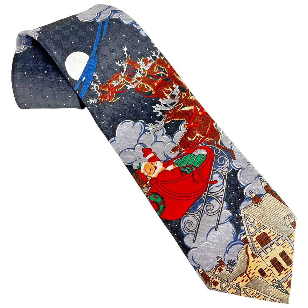 Santa Claus Christmas Tie With Flying Reindeer In Sleigh Hallmark By MMG Mens